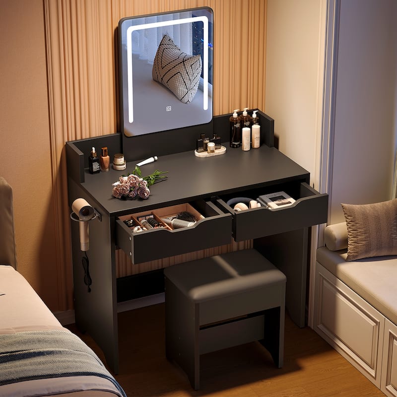 Bestier Vanity Set with Mirror and Lights,Vanity Desk with Drawers,Makeup Table with Light Modes & Hair Dryer Holde - Black