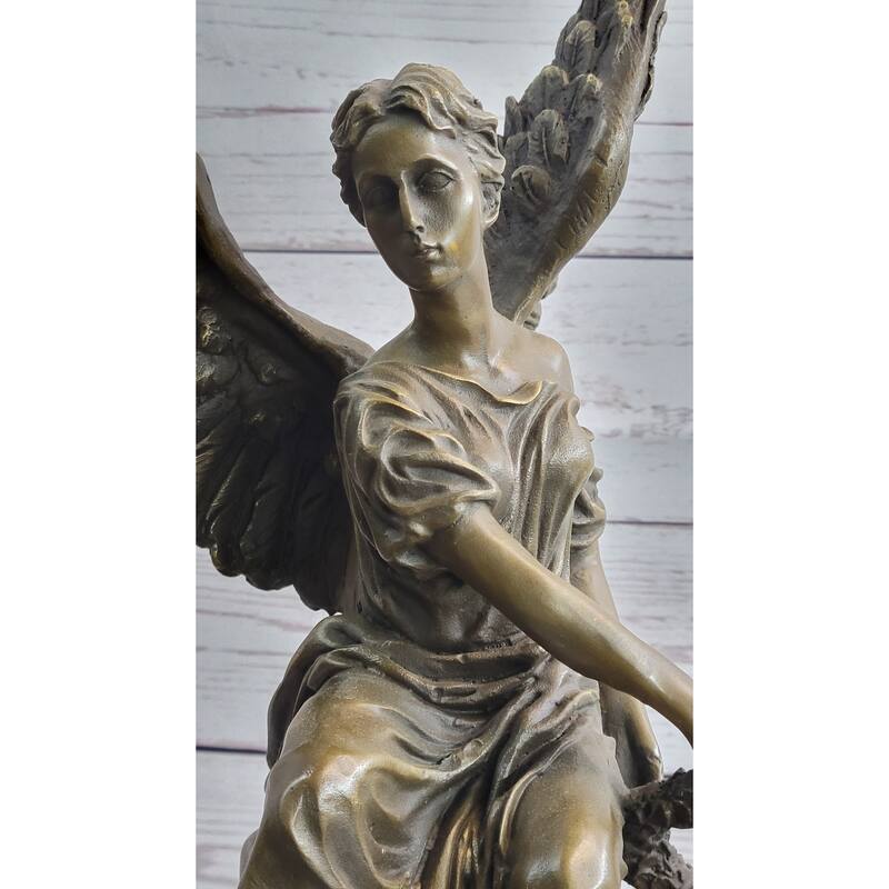 Bronze Statue Of Seated Angel Holding Wreath Sculpture On Marble Base 17 Inches X 9 Inches