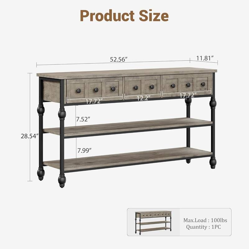 53" 3-Tier Console Sofa Table, Entryway Table with 3 Drawers