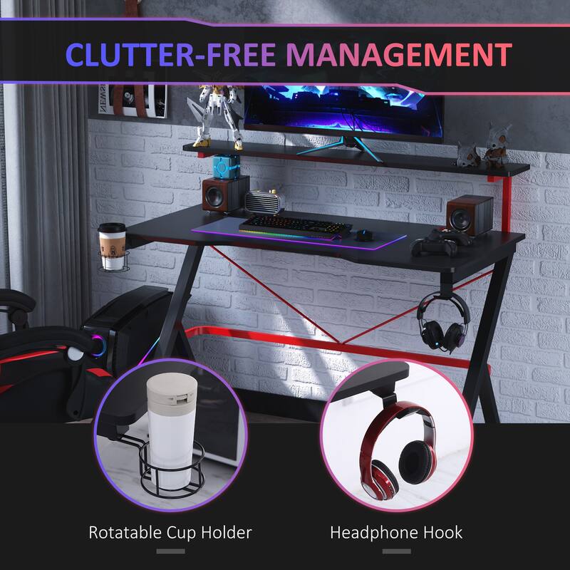 Racing Style Gaming Desk with Double Desktop, Carbon Fiber Top, and Cup Holder for Home Office