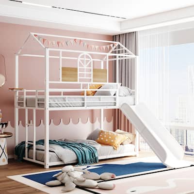 White Twin Over Twin Metal Bunk Bed with Slide, Playhouse Design