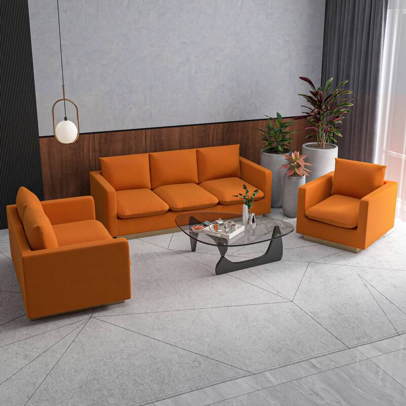 3-Piece Velvet Sofa Set with Brushed Gold Stainless Steel Base Nervo Series