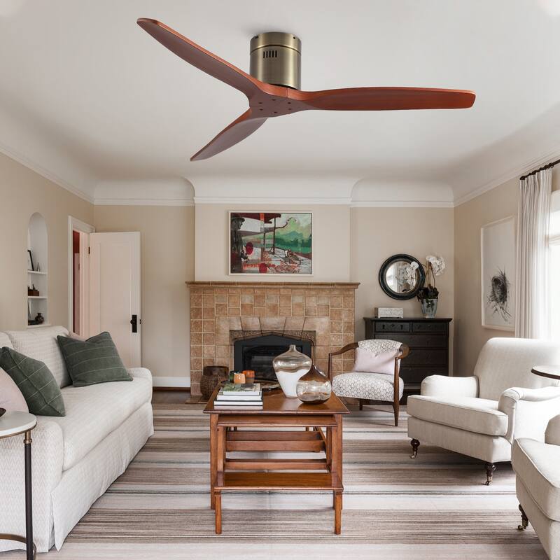 52In. Farmhouse Indoor Flush Mount Low Profile Ceiling Fan with Solid Wood Blades and Remote Control