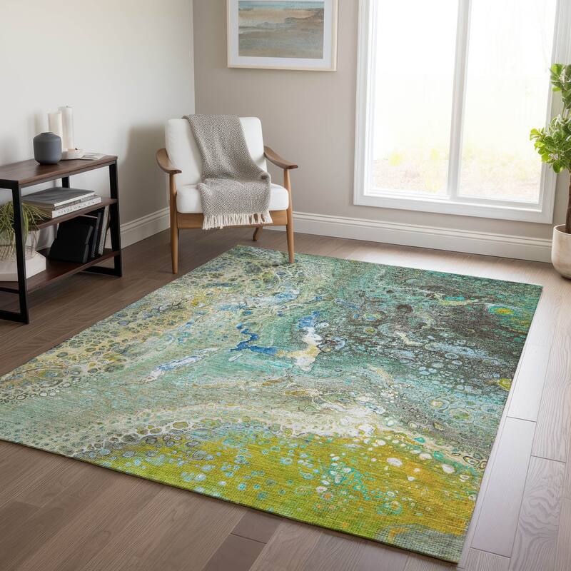 Machine Washable Indoor/ Outdoor Chantille Modern Abstract Rug - Teal - 10' x 14'