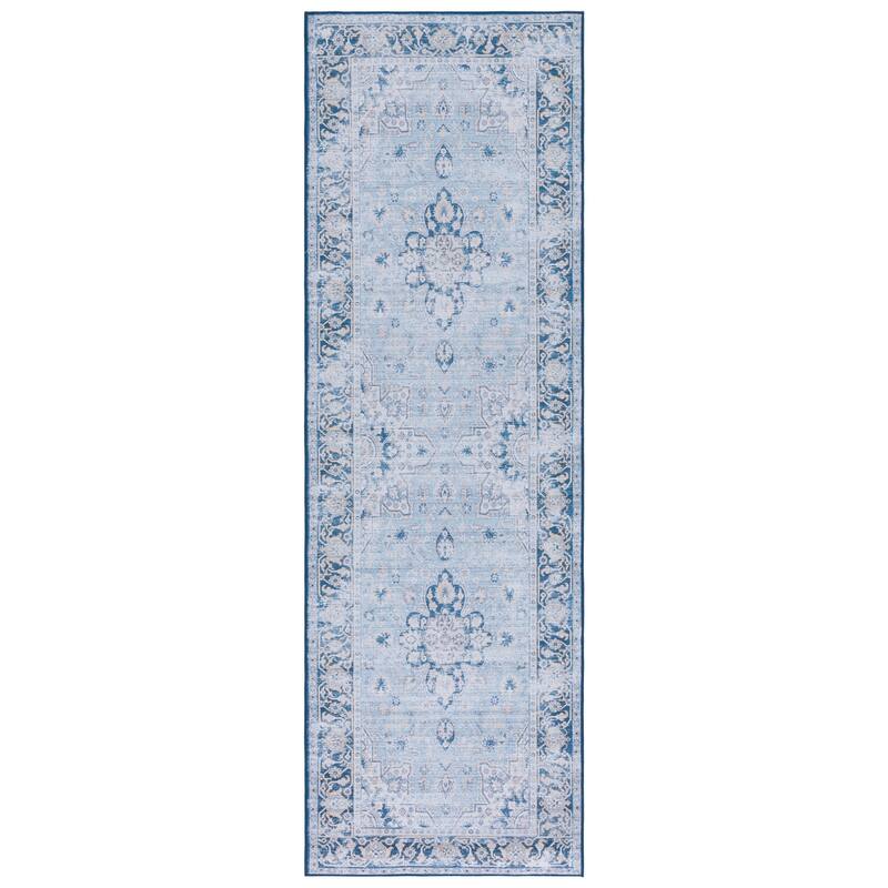 SAFAVIEH Tucson Machine Washable Slip Resistant Emmie Traditional Rug - 2'6" x 8' Runner - Light Blue/Navy