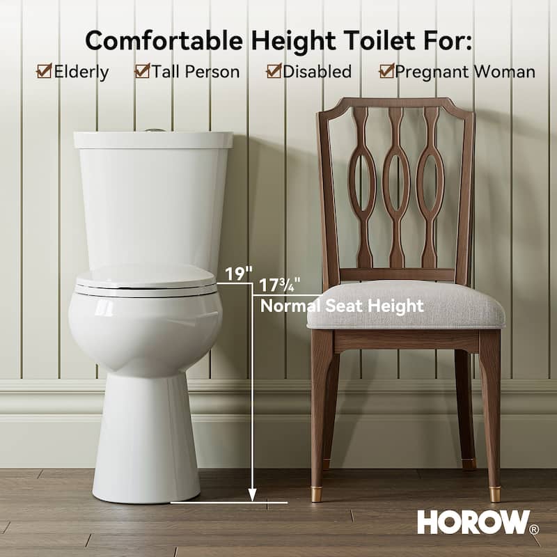 HOROW 19 Inch ADA Tall 2 Piece High Efficiency Dual Flush Round Toilet White 1.1 /1.6 GPF Strong Flush Seat Included