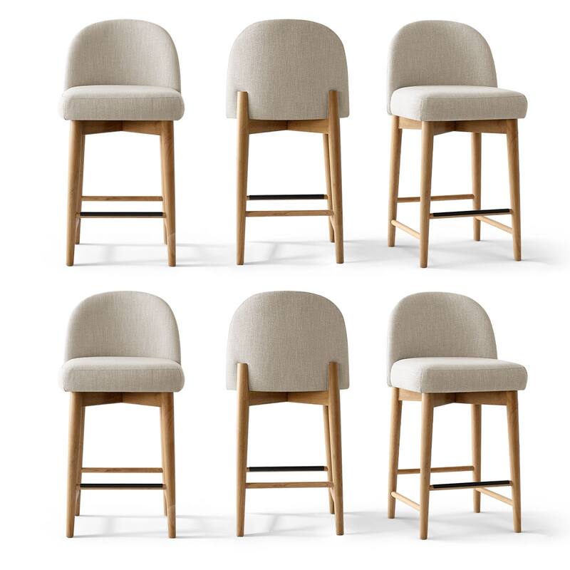 Upholstered Counter Stool With Oak Wood Legs (Set of 6) - Beige