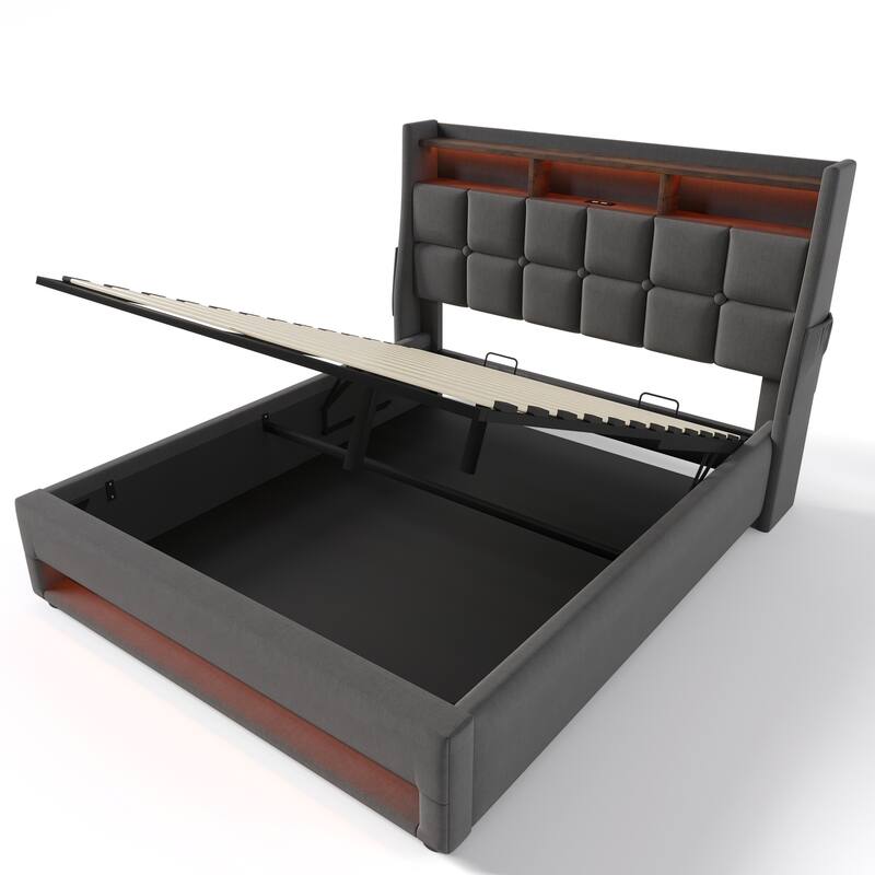 Full Size Upholstered Platform Bed with Hydraulic Storage, LED, and USB Charging