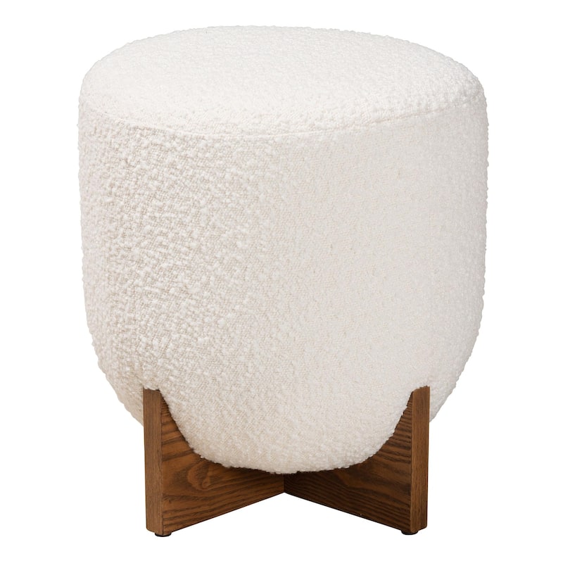 Fisk Japandi Cream Boucle Fabric and Walnut Brown Finished Wood Ottoman Footstool