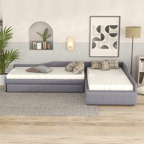 Upholstered Double Twin Size Daybed with Trundle and Drawer Grey