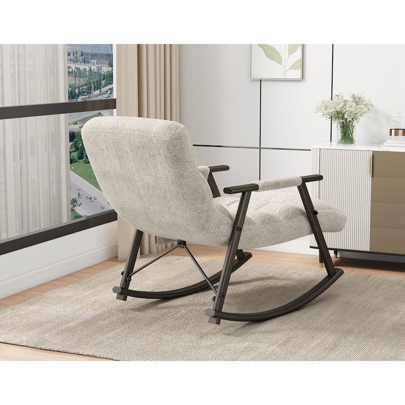 Casual folding rocking chair upholstered, lounge rocking chair adjustable high back and foot rest,side pockets
