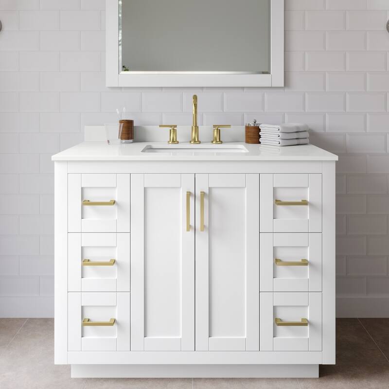 Wyndham Collection WCF292942S-QTZ-US3M34 Miranda 42" Free Standing - White / White Quartz Top / Brushed Gold Hardware