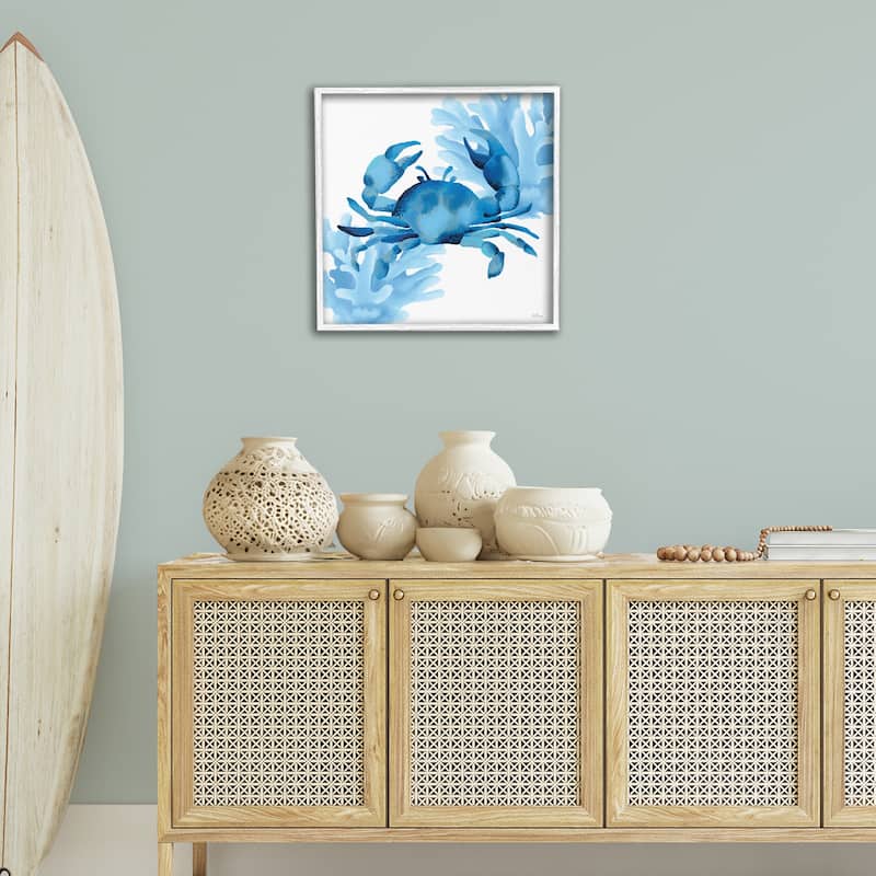Stupell Blue Tone Crab & Coral Framed Giclee Art Design By Cat Thurman Designs
