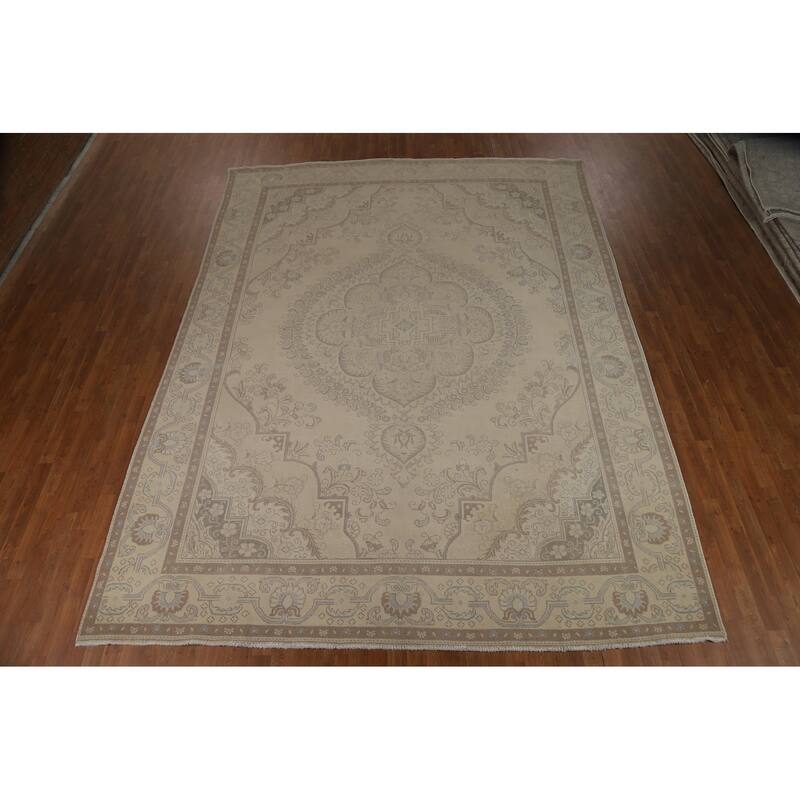 Floral Beige Tabriz Persian Area Rug Hand-Knotted Wool Carpet - 9'6"x 12'10"