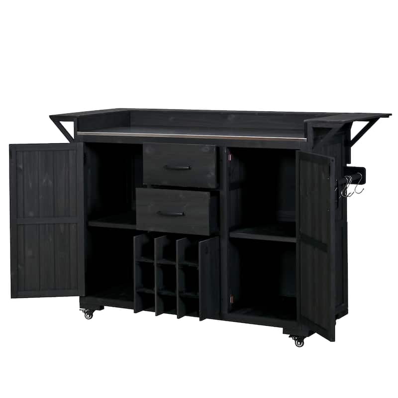 60.2"W Rolling Outdoor Kitchen Island with Wheels and Stainless Steel Top, Wood Grill Cart with Spice Rack&Wine Rack