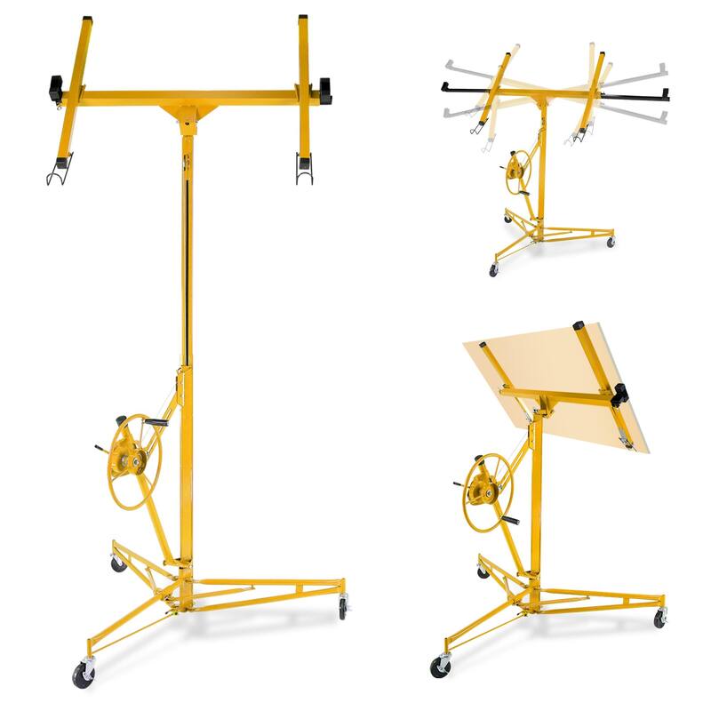 Drywall Lift 150lb Capacity Heavy Duty Sheetrock Hoist w/Telescopic Arm & Locking Wheels, Steel Panel Lifter for Ceiling - yellow
