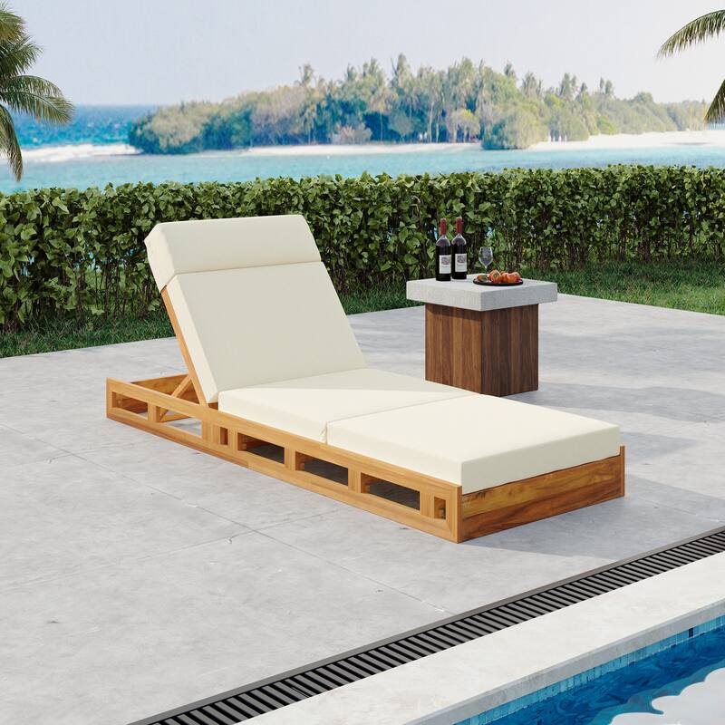 Roomfitters Outdoor Acacia Wood Chaise Lounge with Headrest and 4-Inch Triple-Fold Beige Cushions