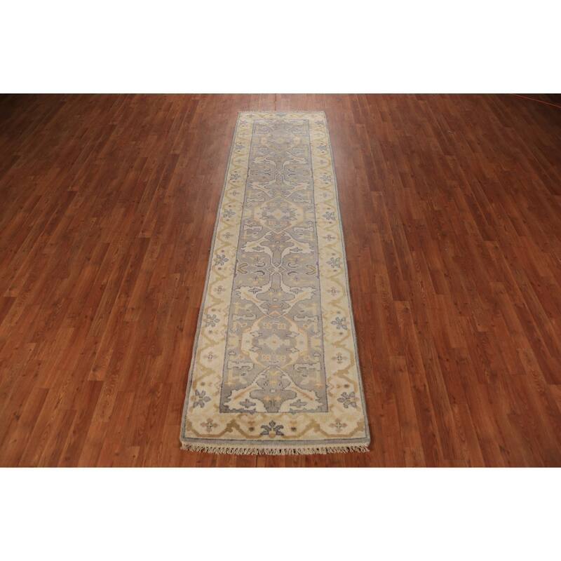 Gray Oushak Indian Runner Rug Hand-Knotted Transitional Wool Carpet - 2'8"x 9'10"