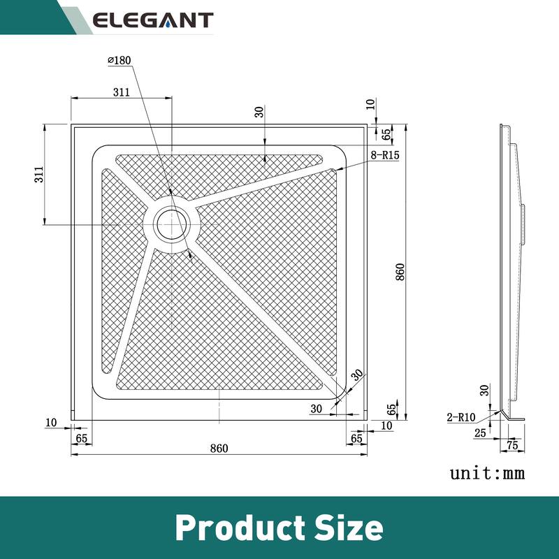 Elegant Square Shower Base in White Corner Drain Anti-slip Acrylic Quarter Shower Pan