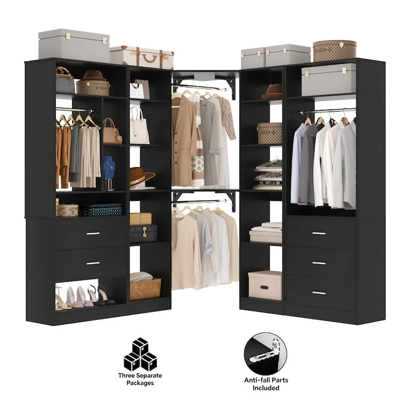 Kyrvo Corner Closet System with 5 Wooden Drawers & 12 Shelves, Freestanding Closet Organizer System for Walk-in/Reach-in Closet