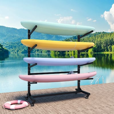80''H Freestanding Kayak Storage Rack - Holds 4 Kayaks, Heavy-Duty Adjustable Stand with Lockable Wheels for Kayak, Canoe