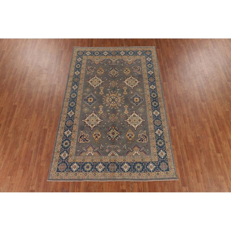 Hand Knotted Oriental 100% Wool Carpet Traditional Geometric Greys & Charcoal Kazak Area Rug - 9' 9'' X 6' 5''