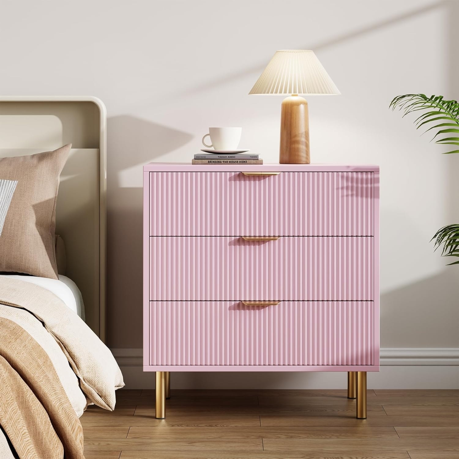 Pink 3 Drawer Dresser, Modern Wood Chest with Gold Handles, Large Storage Organizer for Bedroom, Living Room, Entryway