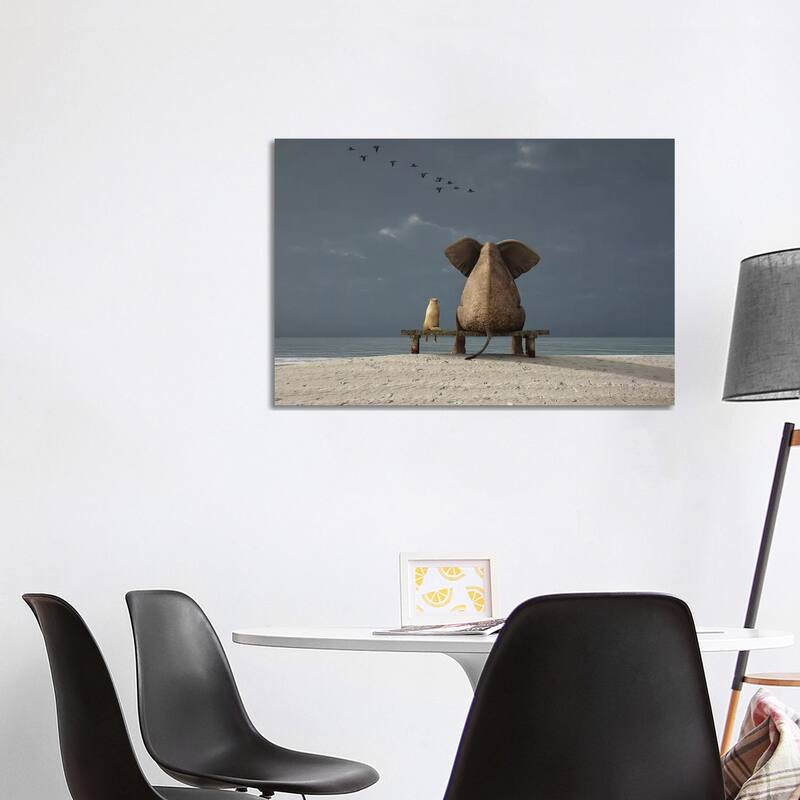 iCanvas "Elephant And Dog Sit On A Beach" by Mike Kiev Canvas Print - 26x40x1.5