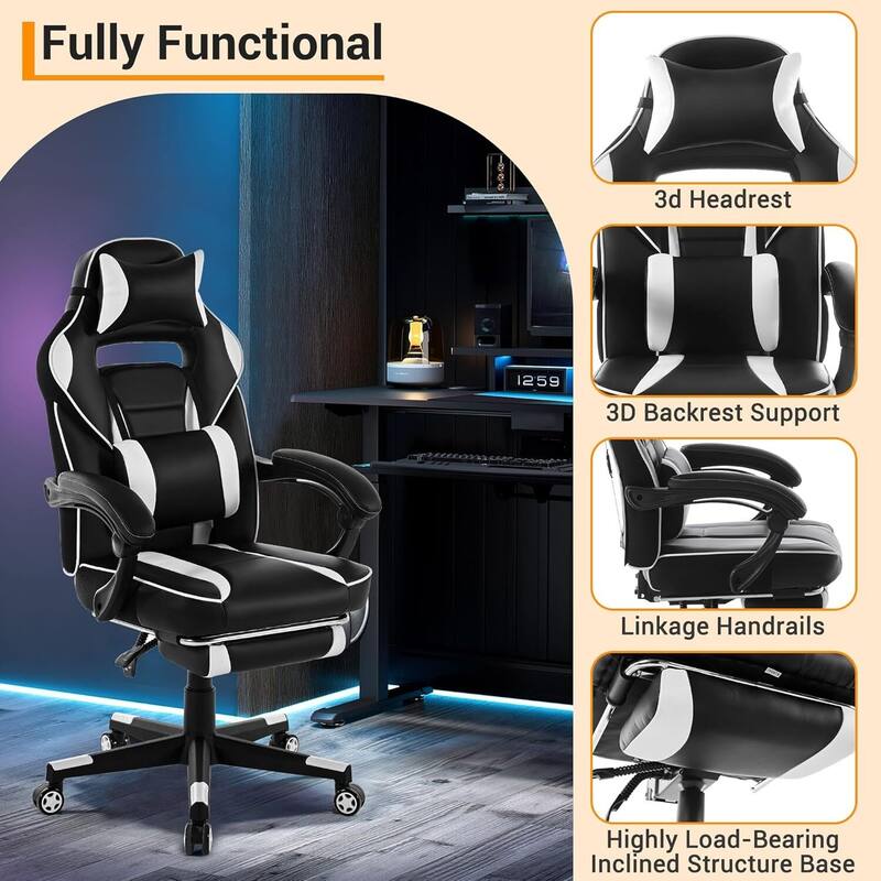 Office Gaming Chair with Footrest Adjustable Headrest for Gaming Working Relaxing