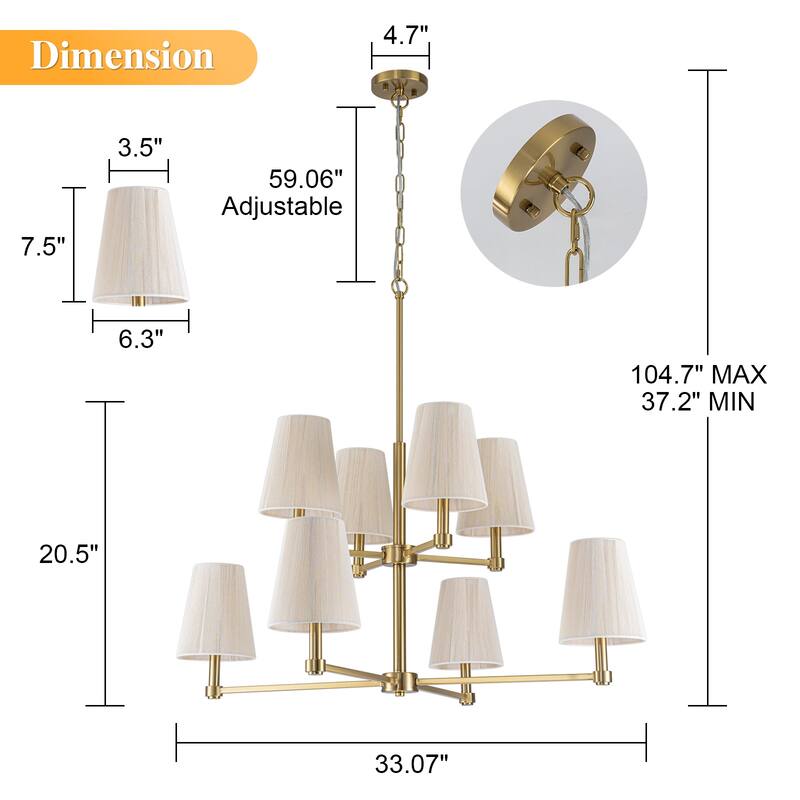 Mid-century Modern 8-Light Fabirc Cotton Chandelier for Dining and Living Room - Gold