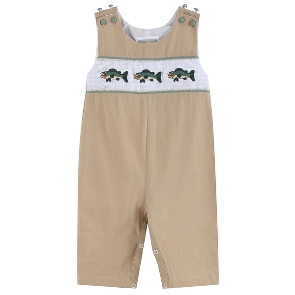 slide 2 of 4, Brown Big Mouth Bass Smocked Overalls