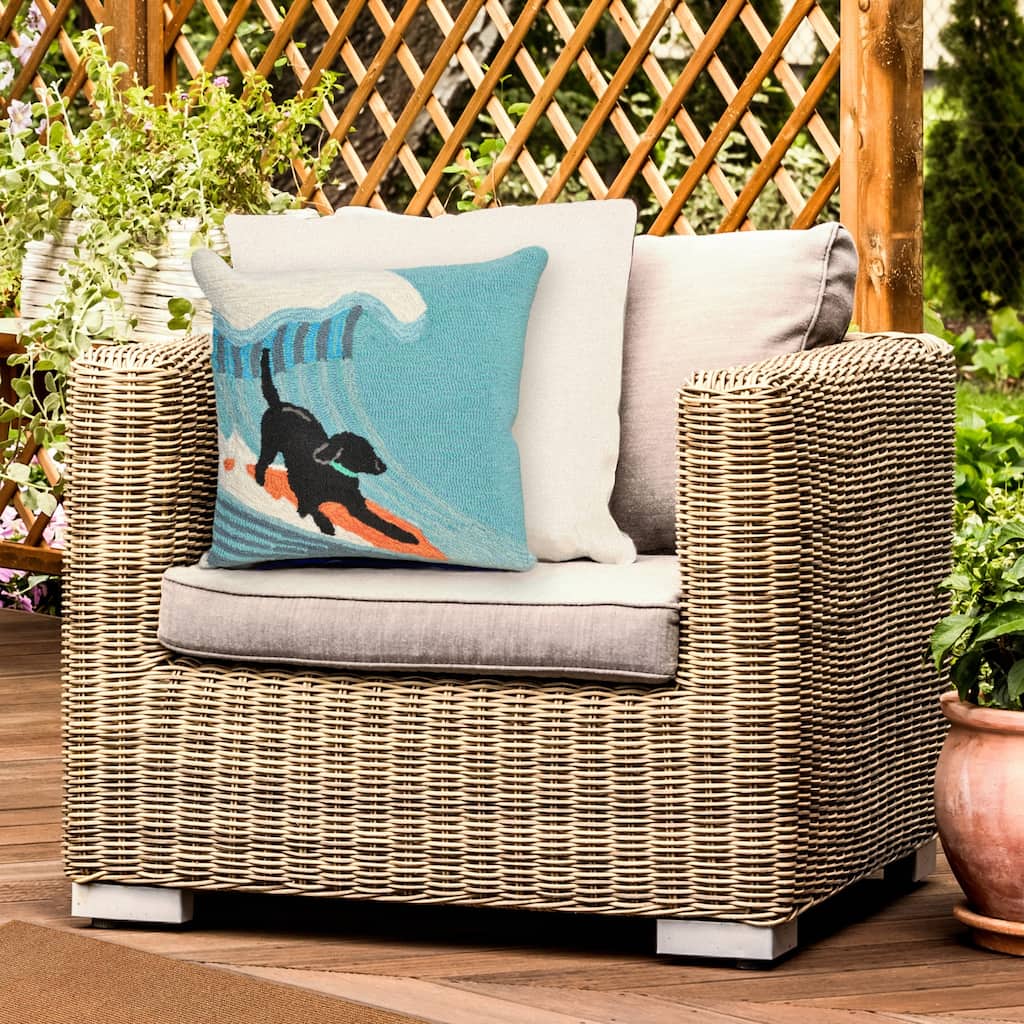 Liora Manne Frontporch Surfing Dog Indoor/Outdoor Pillow Ocean 18" Square