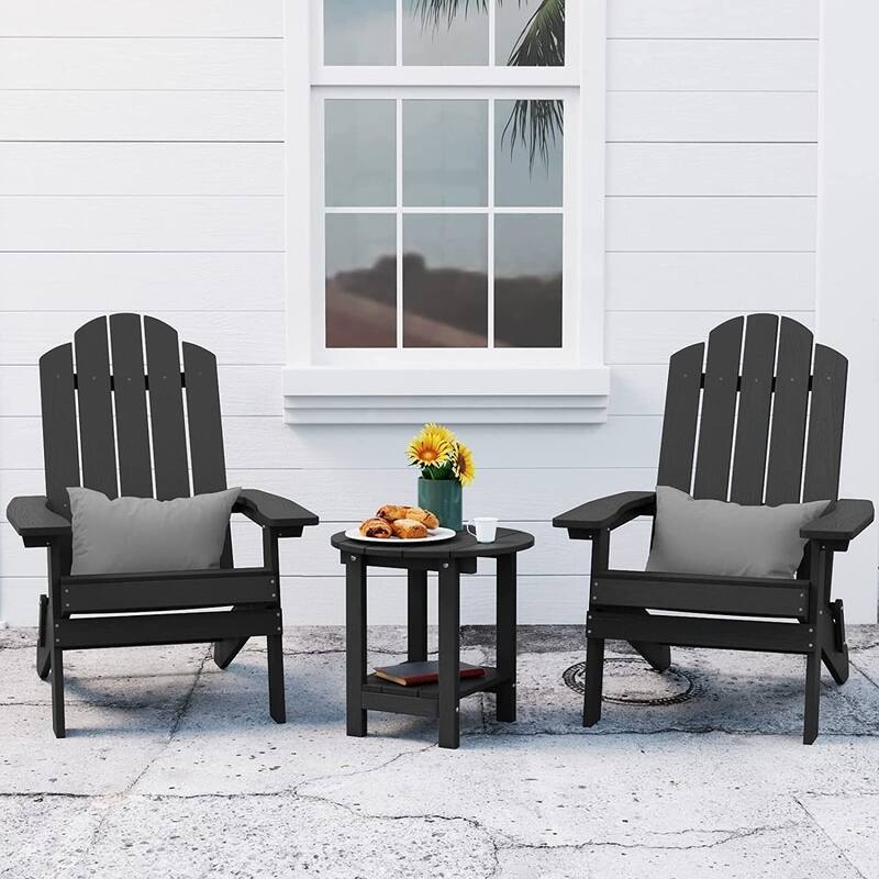 WINSOON 3-Piece All Weather HIPS Outdoor Folding Adirondack Chairs and Table Set - Black