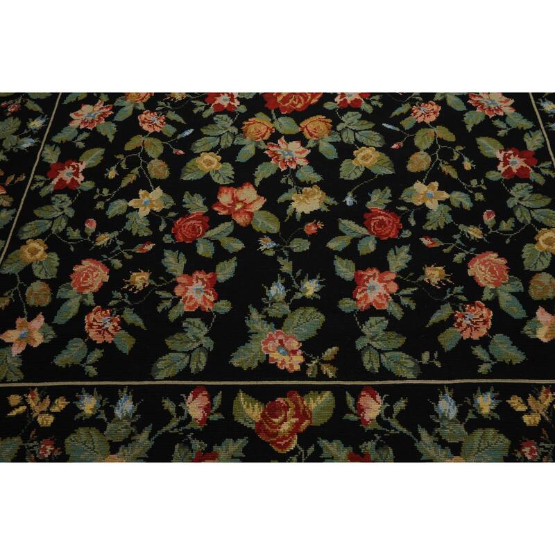 9x12 Hand Woven Wool Black Portugese Needlepoint Traditional Area Rug - 9' x 12'