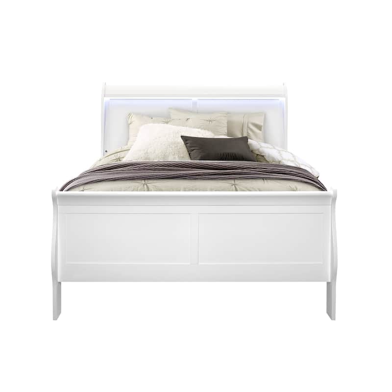 Full Size Solid Wood Sleigh Bed with LED Lighting and Modern Design聽 - White