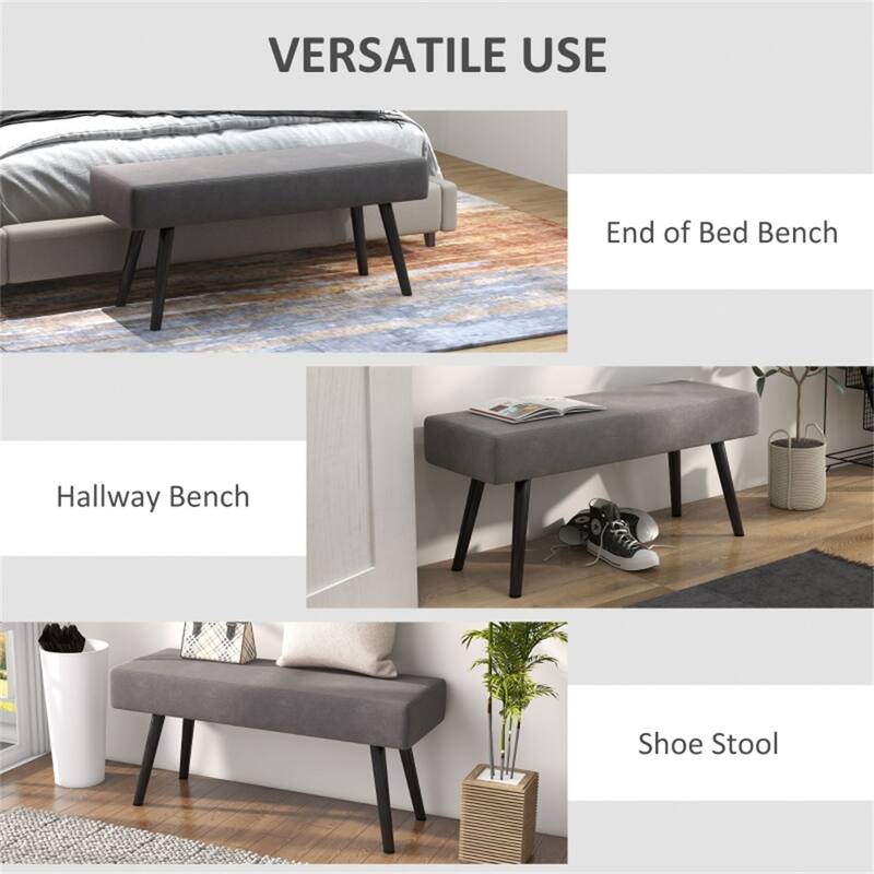 Grey Velvet Upholstered Bench with Steel Legs and Foot Pads Ideal for Bedroom or Entryway - 39.25" W x 14.25" D x 17.75" H