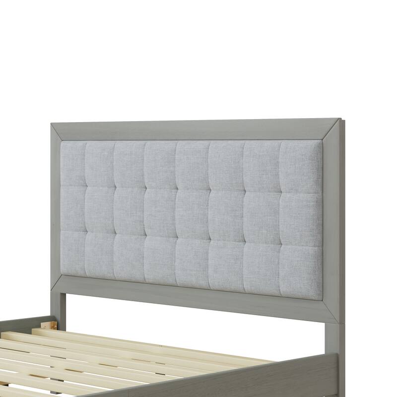 Queen Size Solid Wood Platform Bed with Upholstered Headboard and Silent Slats System