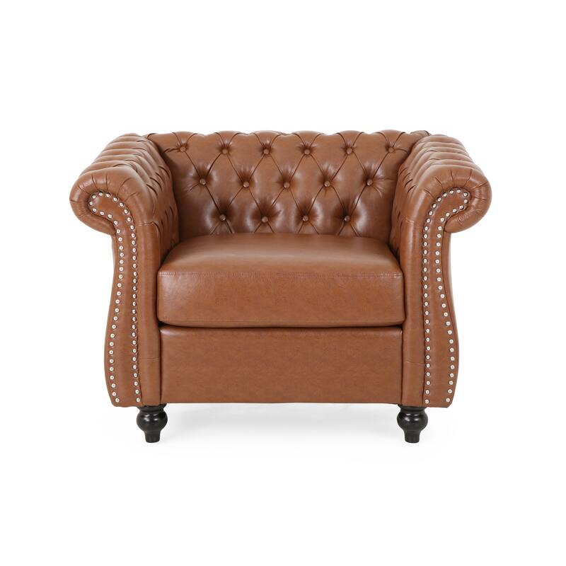Chesterfield Accent Chairs, Faux Leather Club Chair, Button Tufted Single Sofa Chair with Nailhead Trim, Rolled Arms