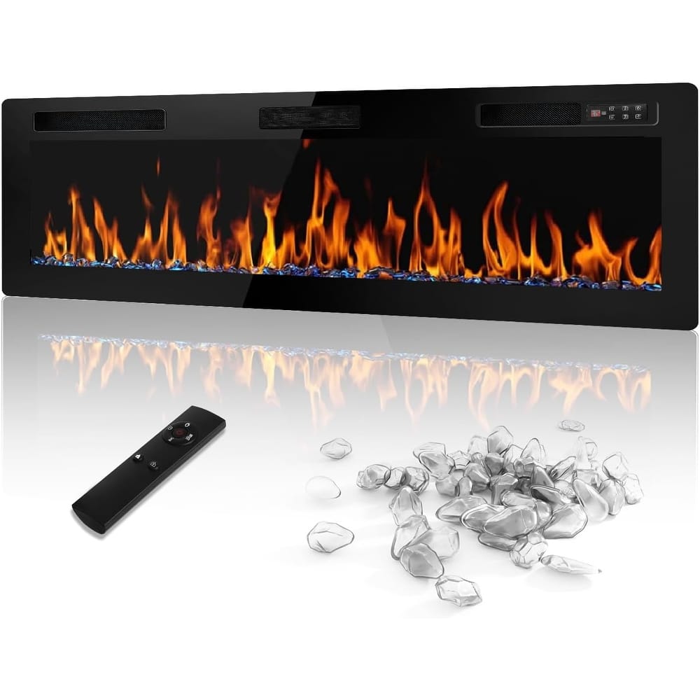 BOSSIN Electric Fireplace - Recessed or Wall Mounted Heater, 750/ 1500W, Adjustable Flame, Remote & Touch Control, Timer