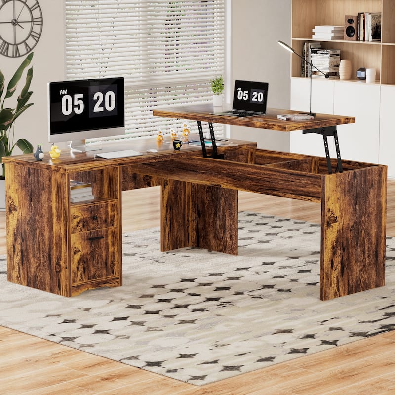 Modern Farmhouse Lift Top L-Shaped Desk with Charge Station, Corner Desk with File Drawers for Home Office