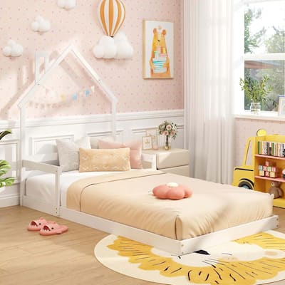 Floor Kid House Bed Frame Wood Twin Floor Bed w/ Fence