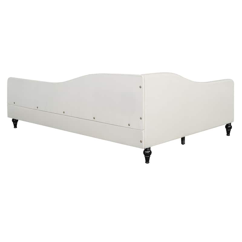 Twin/Full Size Upholstered Daybed, Linen Fabric Sofa Bed with Solid Wood Legs and L Shaped Backrest, Solid Wood Bedframe