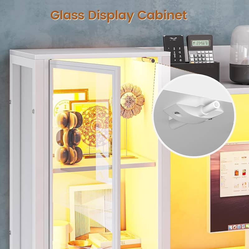 Gaming Desk LED Lights Hutch and Storage Shelves Glass Display Cabinet