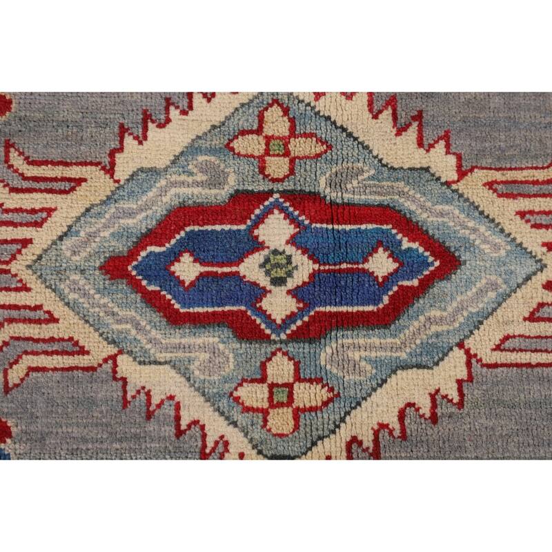 Gray Geometric Kazak Area Rug Hand-Knotted Wool Carpet - 5'2" x 6'7"
