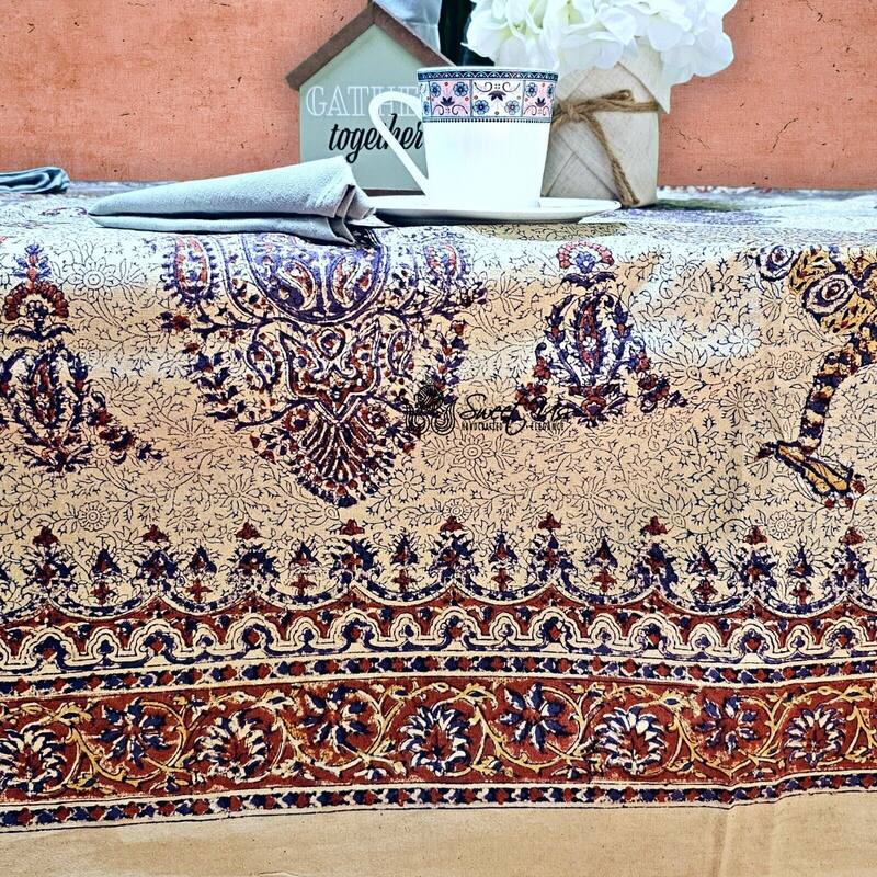 Peacock Paradise Paisley Floral Hand Block Print Cotton Tablecloth - 86 x 102 in.