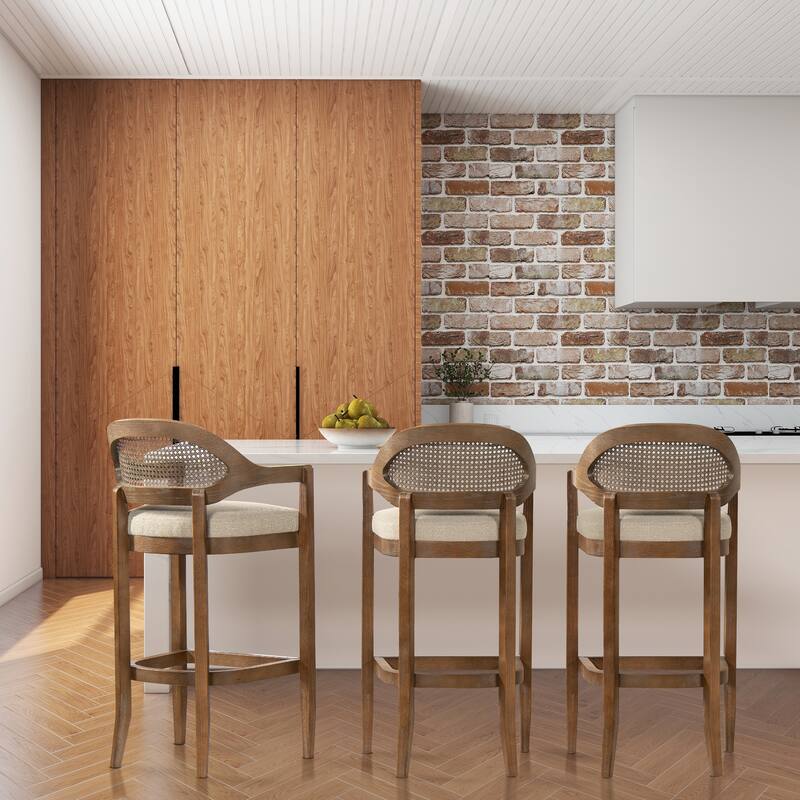 Americana Mid-Century Modern Rattan Cane Back Counter and Bar Stool - Set of 3 - Taupe Beige Textured Weave - Bar Height