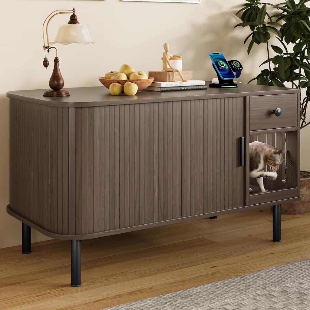 37.4" Hidden Cat Litter Box Enclosure with Sliding Door, Storage Drawer & Charging Station - Modern Indoor Cat House