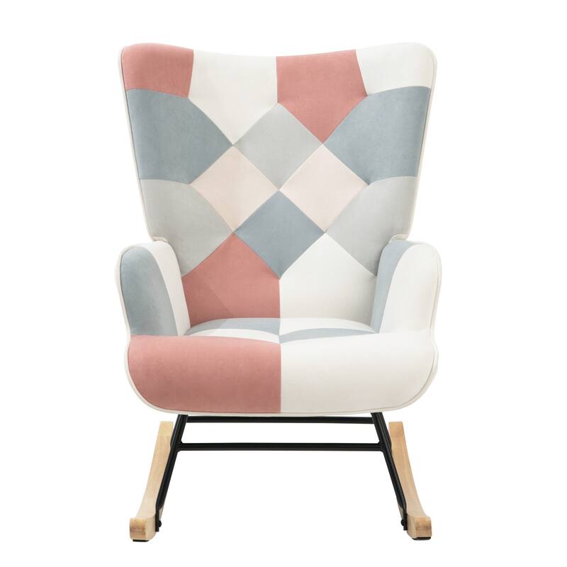 Mid Century Fabric Rocker Chair with Wood Legs and Patchwork Linen