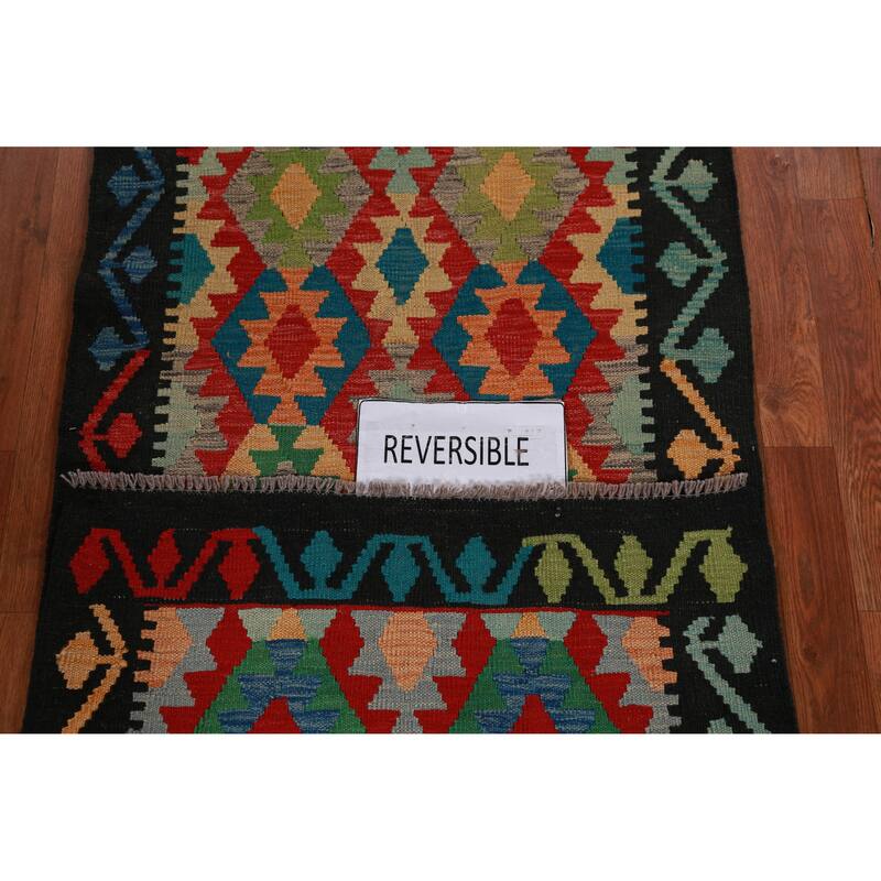 Hand Woven Oriental 100% Wool Carpet Southwestern Geometric Multi-Colored Kilim Runner Rug - 12' 9'' X 2' 9''