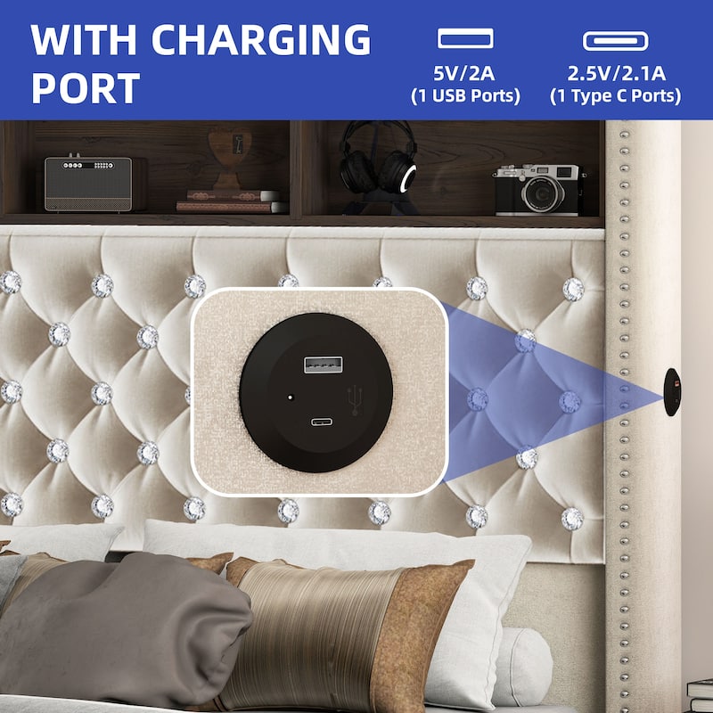 58" Tall Wingback Storage Headboard Bed Frame with USB Charging Stations and Deep Button Tufted